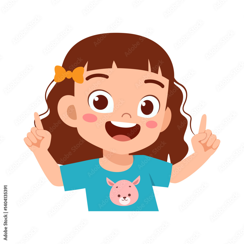 Happy Smiling Girl Pointing Upwards with Both Fingers as Expression of Joy and Excitement Happy Smiling Girl Pointing Upwards with Both Fingers as Expression of Joy and Excitement