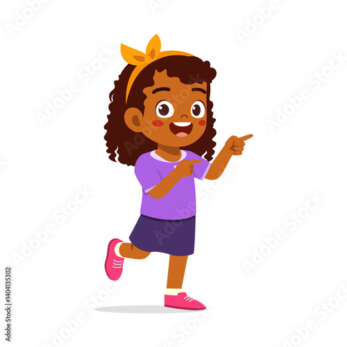 Happy Cute Girl Pointing Her Fingers with Joyful Expression in Cartoon Illustration
