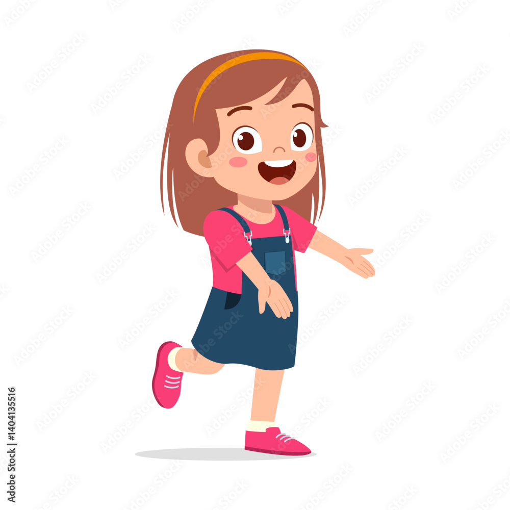 Happy Little Girl Smiling and Walking with Open Arms for Hug in Cartoon Illustration Style Happy Little Girl Smiling and Walking with Open Arms for Hug in Cartoon Illustration Style
