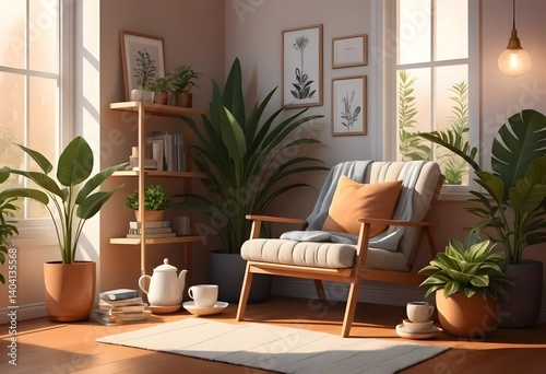 Realistic vector of a cozy reading corner with warm lighting, indoor plants, and a cup of tea, symbolizing self-care.
