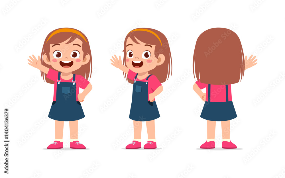 Happy Little Girl Waving Hello with Front and Back View in Cartoon Illustration Style Happy Little Girl Waving Hello with Front and Back View in Cartoon Illustration Style