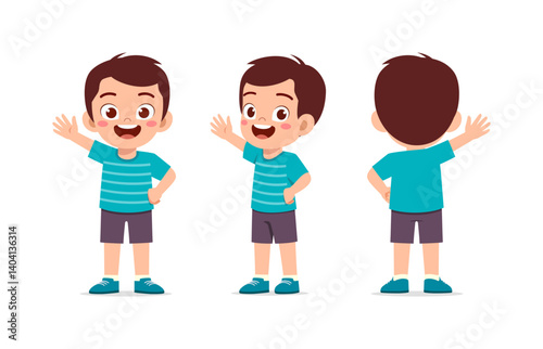 Happy Little Boy Waving Hand with cheerful Expression Front and Back Pose in Illustration