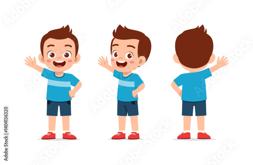 Happy Boy Waving Hand in Three Views, Cute Kid Cartoon Illustration with Positive Mood