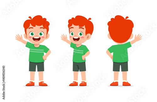 Happy Little Boy Waving Hello with Red Hair in Green Shirt with Three Different Poses