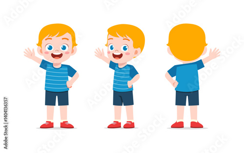 Cute happy little boy waving hand front and back view in cartoon illustration