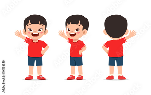 Happy little boy smiling and waving hand front and back view illustration isolated white background