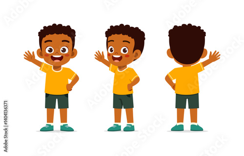 Happy Little Boy Waving Hand in Different Views Cartoon Illustration Design
