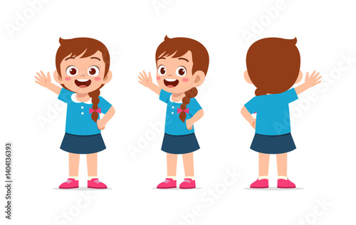 Happy Little Girl Waving Hand with Front and Rear View in Cartoon Illustration Style on White