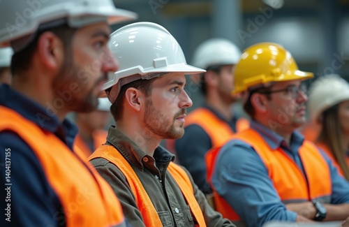 Obraz na płótnie Group of construction workers wearing safety gear in safety meeting. Men, women wearing orange safety vests, hard hats. Workers discuss project safety protocol, guidelines. Industrial workplace, team w salonie