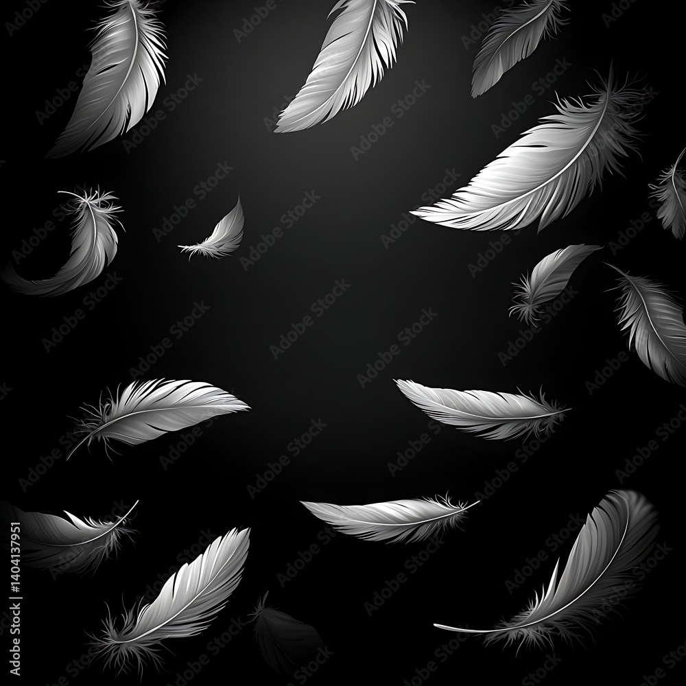 Obraz premium White Feathers Falling for Dark Background.