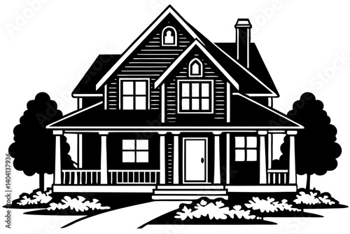 Cozy Suburban House Vector with Front Porch and Garden Design