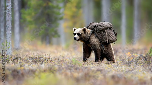 Brown Bear Wearing Backpack Walking Through Forest Environment During Autumn Season