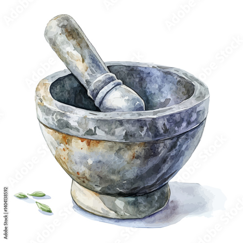 Ancient Alchemistas Stone Mortar And Pestle, vector watercolor illustration, isolated on a white background.
