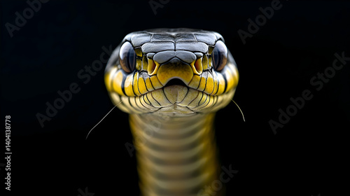 Close Up Portrait of a Snake with Yellow and Black Pattern on Black Background