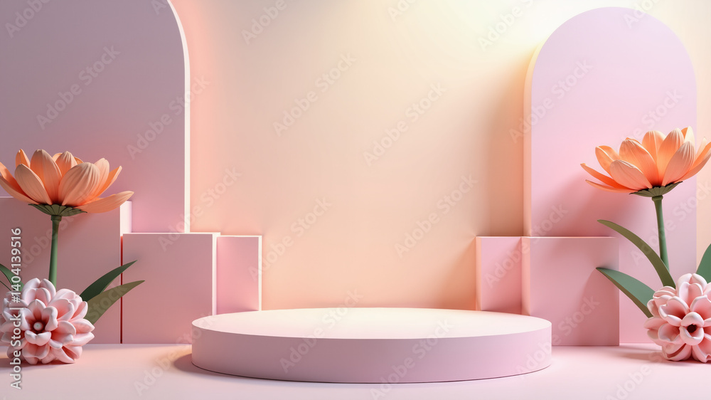 3d rendering scene with podium and flower abstract background. Geometric shape in pastel colors. 3d rendering scene with podium and flower abstract background. Geometric shape in pastel colors.