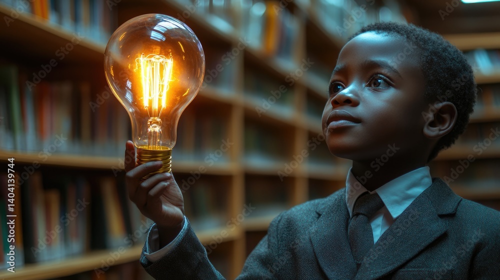 equality education volunteer service concept picture of underprivileged African primary student with glowing light bulb in hand at library bookshelves.