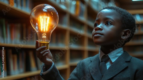 Obraz na płótnie equality education volunteer service concept picture of underprivileged African primary student with glowing light bulb in hand at library bookshelves. w salonie