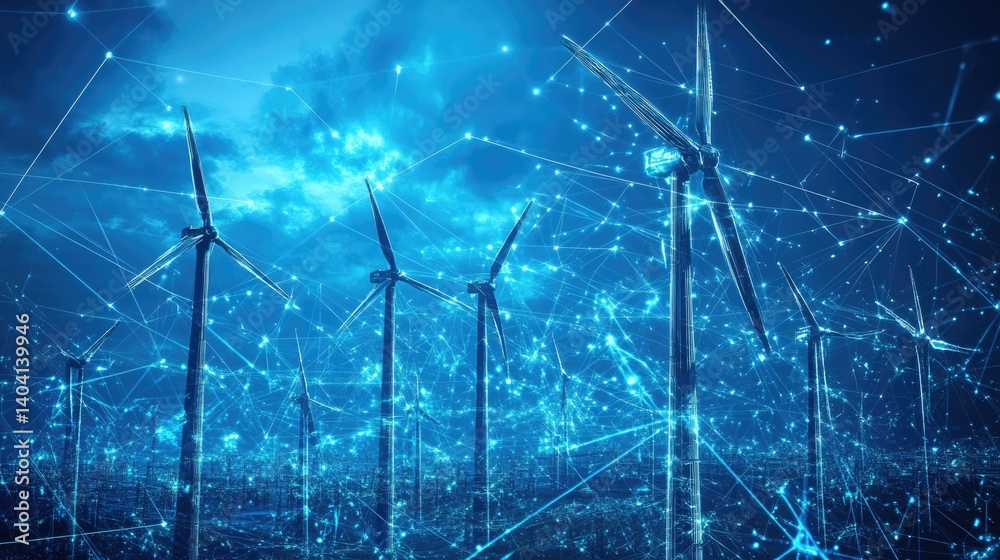 futuristic graphic icons of Scada system of operator controller engineer at wind turbines farm.