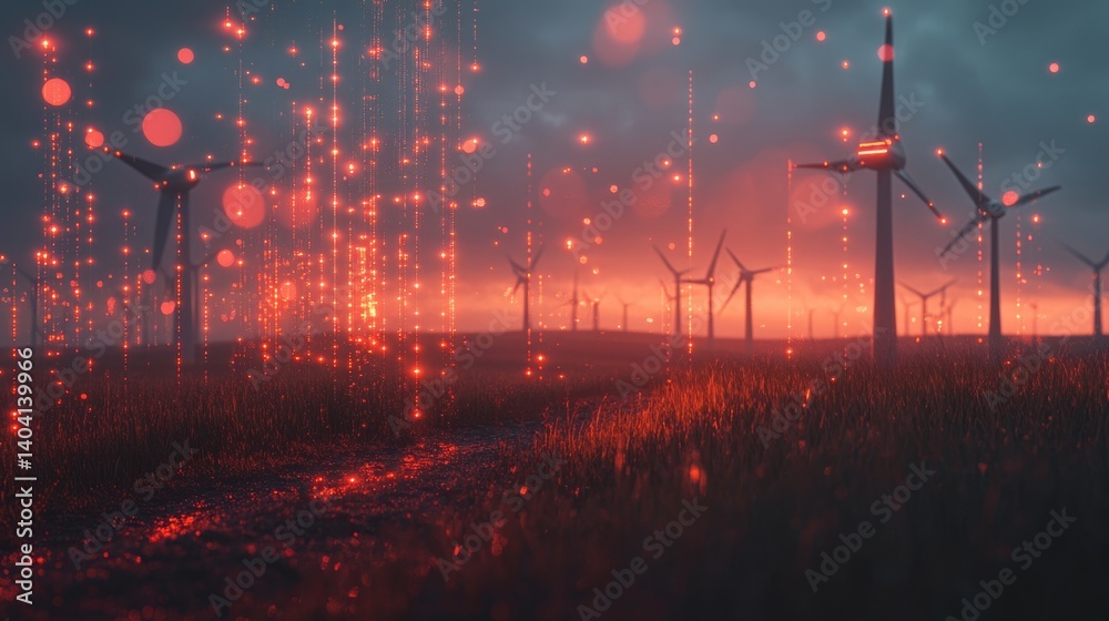 futuristic graphic icons of Scada system of operator controller engineer at wind turbines farm.