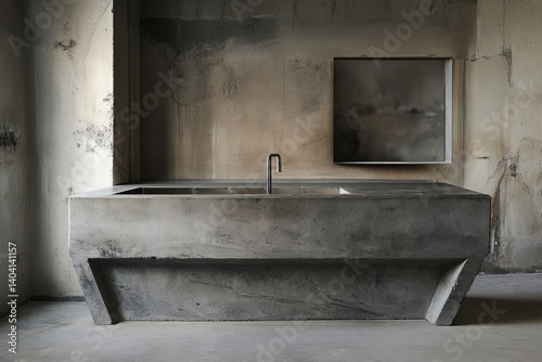 Interior of a modern bathroom with concrete walls, concrete floor and grey bathtub