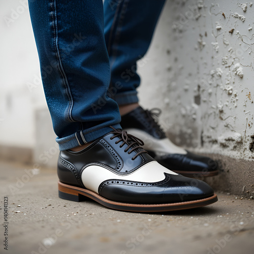 Close up of a man's legs wearing blue jeans paired with two-tone black and white genuine leather brogue shoes. Close up of shiny vintage brogue shoes against a dirty white wall.