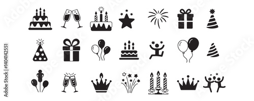 Party and Celebration Birthday collection Icons. Black and White Line and Silhouette Vector Illustrations