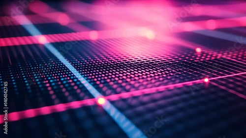 Explore the vibrant interplay of light and technology in a mesmerizing digital landscape full of glowing patterns and depth Generative AI