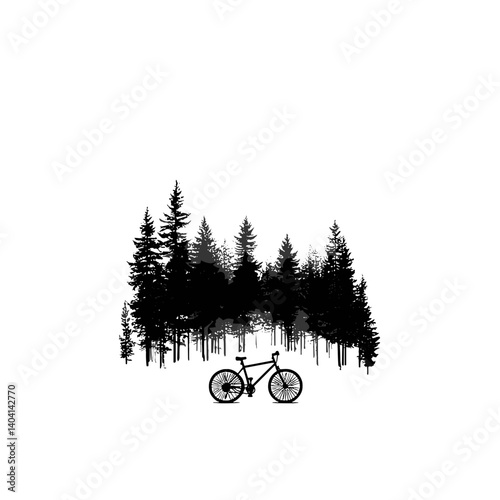 Bicycle in front of pine forest silhouette in black and white style