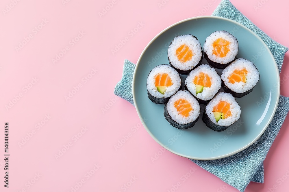 A plate of delicious salmon sushi rolls on a pink background. A plate of delicious salmon sushi rolls on a pink background.