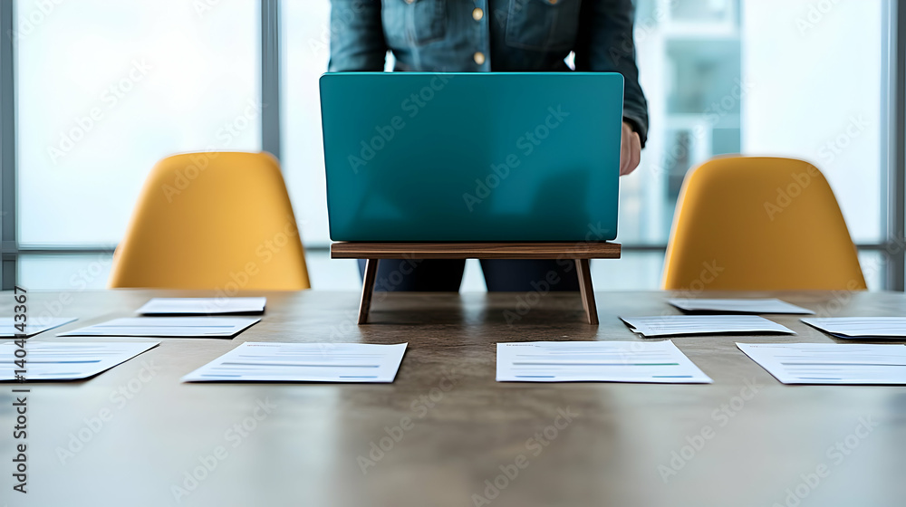 Fototapeta premium Businesswoman Standing Behind Teal Laptop on Wooden Stand with Papers on Table in Bright Office