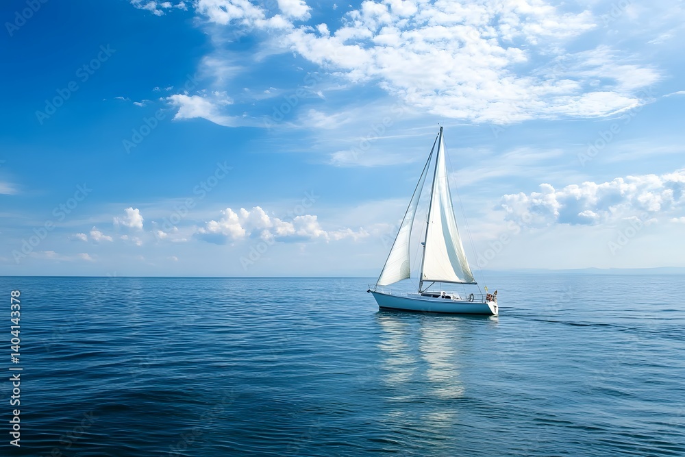 Obraz premium Sailboat on calm blue ocean under a bright blue sky with clouds.