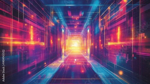Vibrant tunnel of light with geometric patterns