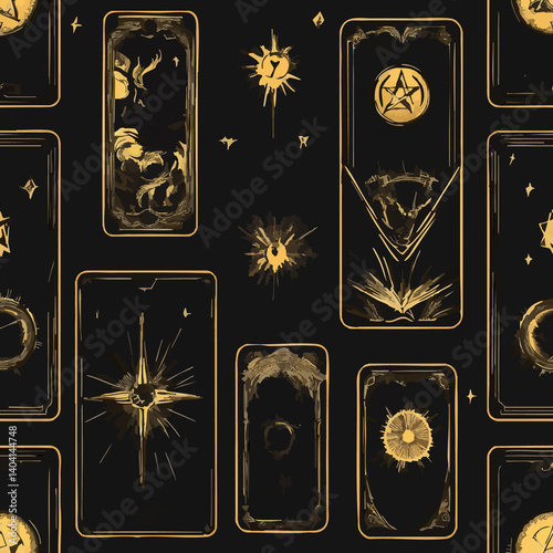 A collection of seamless mystical patterns featuring magical objects, vintage books, potions, tarot cards, celestial skies, and golden suns. Perfect for witchcraft, fantasy, and boho designs.