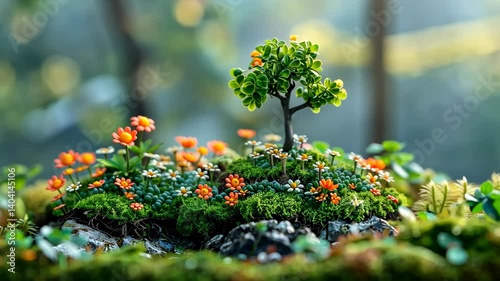 Miniature Bonsai Tree in Bloom Amidst Lush Greenery and Colorful Flowers in a Serene Forest Setting