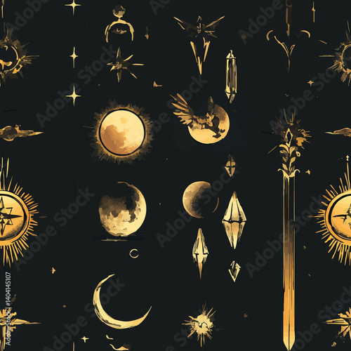 A collection of seamless mystical patterns featuring magical objects, vintage books, potions, tarot cards, celestial skies, and golden suns. Perfect for witchcraft, fantasy, and boho designs.