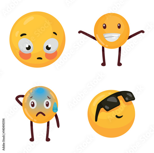 Set of Four Cute 3D Vector Emojis with Shy, Happy, Nervous, and Cool Expressions for Fun Digital Use
