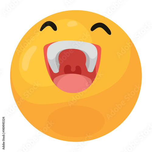 3D Vector Emoji with Big Laughing Expression and Open Mouth Showing Fangs, Funny Cartoon Yellow Face for Hysterical Laughter or Vampire Humor