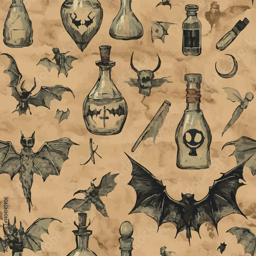 A collection of seamless mystical patterns featuring magical objects, vintage books, potions, tarot cards, celestial skies, and golden suns. Perfect for witchcraft, fantasy, and boho designs.