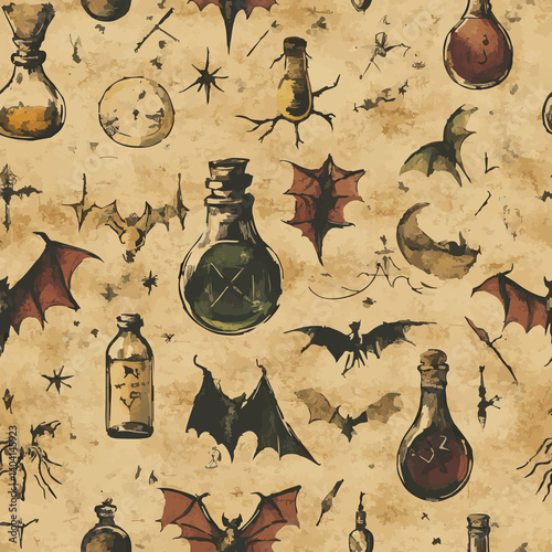 A collection of seamless mystical patterns featuring magical objects, vintage books, potions, tarot cards, celestial skies, and golden suns. Perfect for witchcraft, fantasy, and boho designs.