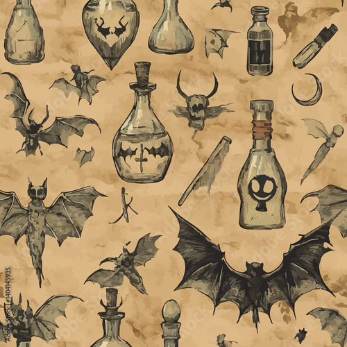A collection of seamless mystical patterns featuring magical objects, vintage books, potions, tarot cards, celestial skies, and golden suns. Perfect for witchcraft, fantasy, and boho designs.