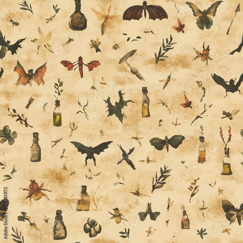 A collection of seamless mystical patterns featuring magical objects, vintage books, potions, tarot cards, celestial skies, and golden suns. Perfect for witchcraft, fantasy, and boho designs.