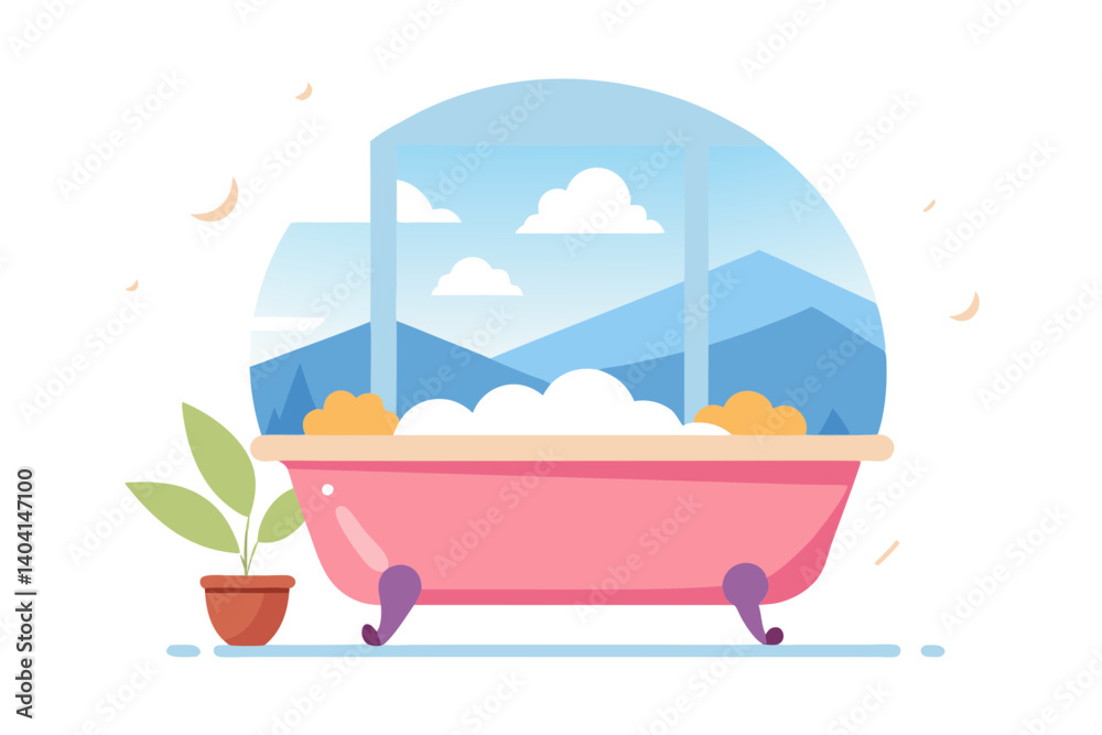 Naklejka premium Cozy Bathtub Setup With Window View And Foam