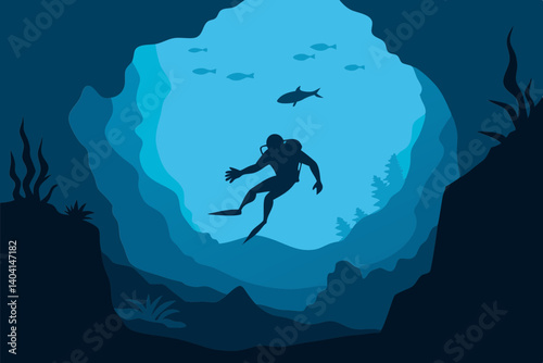 Scuba Diver Exploring Deep Sea Cave Scene