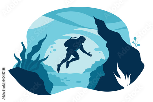 Diver Swimming Through Mysterious Underwater Cavern
