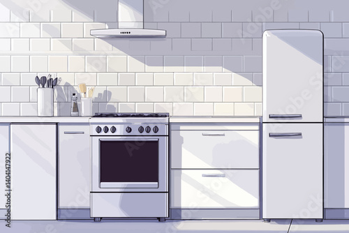 The interior of this Scandinavian kitchen features minimal lighting and is equipped with white furniture, utensils, shelves stocked with crockery, and a compact refrigerator