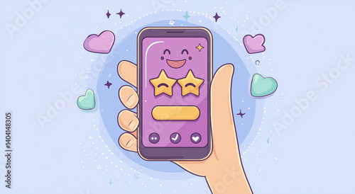 Cute mobile app rating interface with smiling face and stars in cartoon hand drawn style
