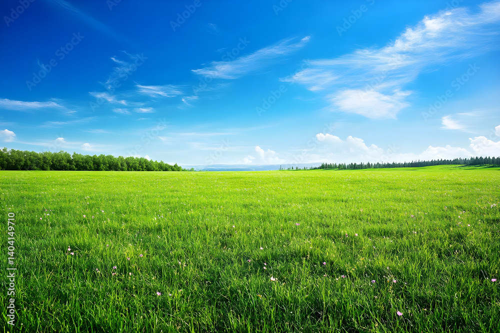 Vast Tranquil Grassy Field under Blue Skies with Wildflower Accents and Distant Trees Vast Tranquil Grassy Field under Blue Skies with Wildflower Accents and Distant Trees