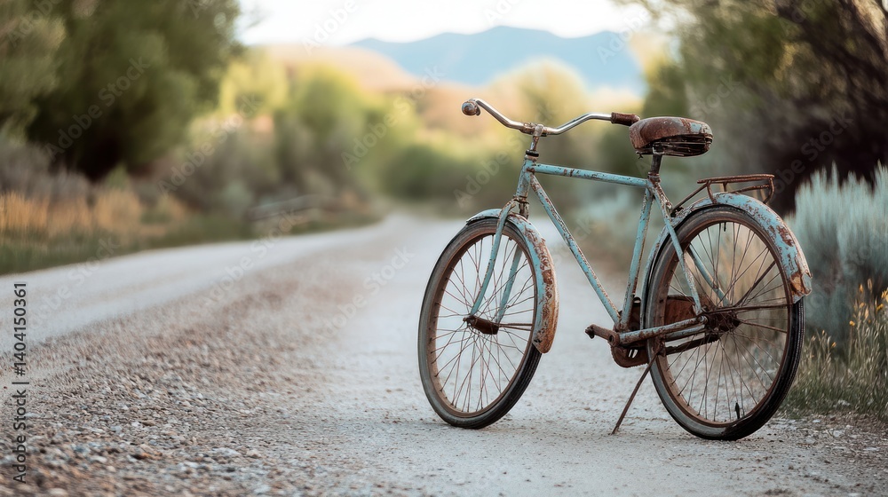 Fototapeta premium Nostalgic journey, A weathered bicycle on a rustic countryside road