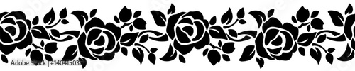 Horizontal seamless border with rose flowers. Floral vignette. Vector black and white roses garland