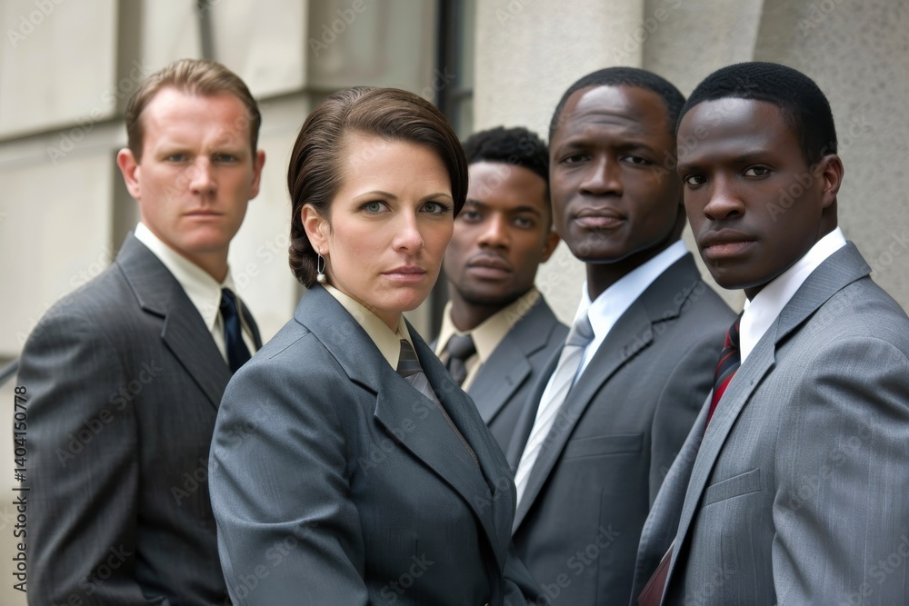 Group of business people standing in front of office building, portrait. Group of business people standing in front of office building, portrait.